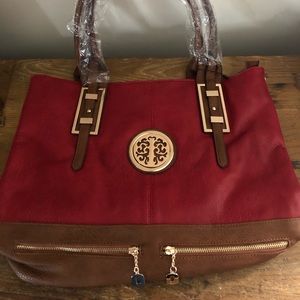 NWT DS Bags Large Red and Cognac Leather Trimmed Shoulder Satchel Bag